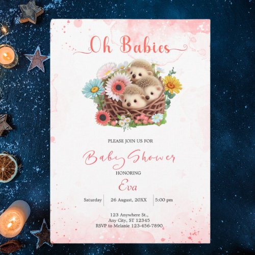 Cute Triplet Babies Pink Floral Baby Shower Modern Invitation