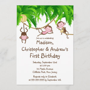 Cute Triplets Monkey Birthday Party Invitations