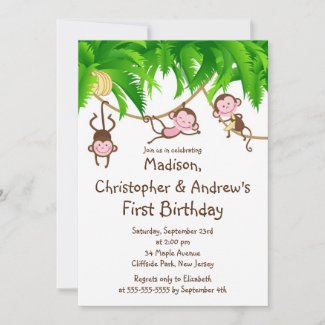 Cute Triplets Monkey Birthday Party Invitations