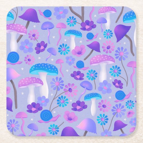 Cute Trippy Mushrooms Flowers Purple Turquoise Square Paper Coaster