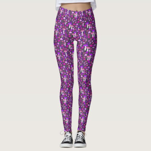 Cute Trippy Mushrooms Purple Pink  Black Leggings