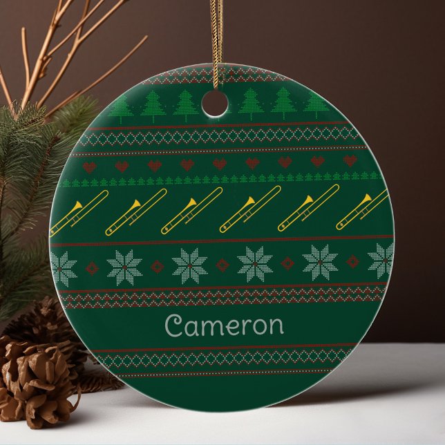 Cute Trombone Christmas Sweater Pattern Custom Ceramic Ornament (Creator Uploaded)