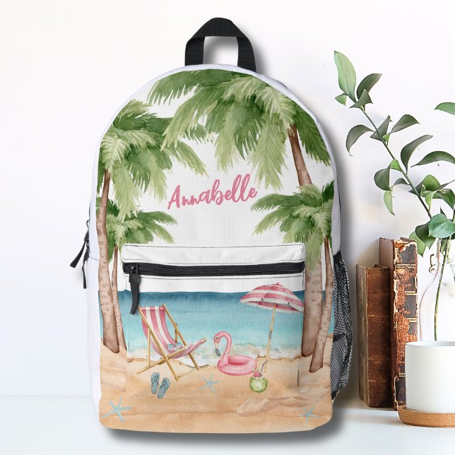 Cute Tropical Beach Name Girls Printed Backpack (Colorful Cute Girly Tropical Watercolor Beach Printed Backpack)