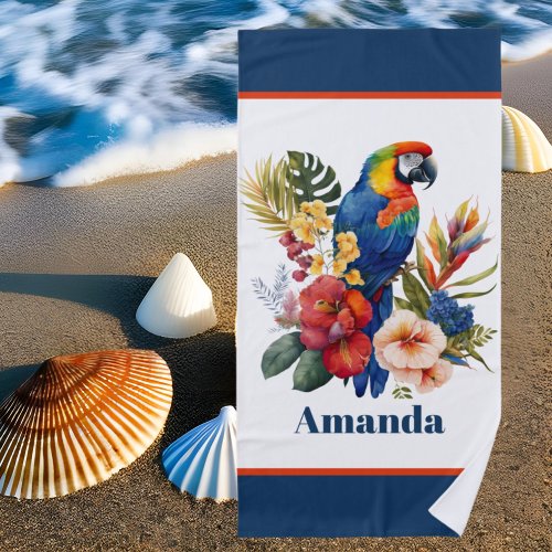 cute Tropical beach parrot lovers add name Beach Towel