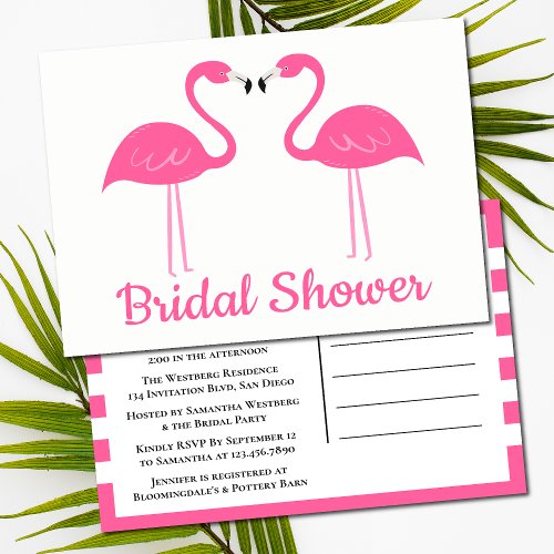 Cute Tropical Beach Pink Flamingo Bridal Shower  Invitation Postcard