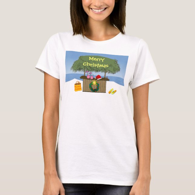 Cute Tropical Beach Tiki Hut Bar Christmas T-Shirt (Front)