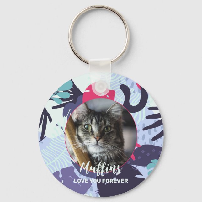 Cute tropical cat pattern, custom pet photo gift keychain (Front)