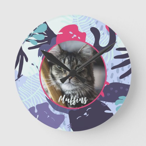 Cute tropical cat pattern custom pet photo gift round clock