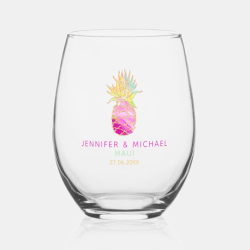  Cute Tropical Colorful Pineapple Wedding Stemless Wine Glass