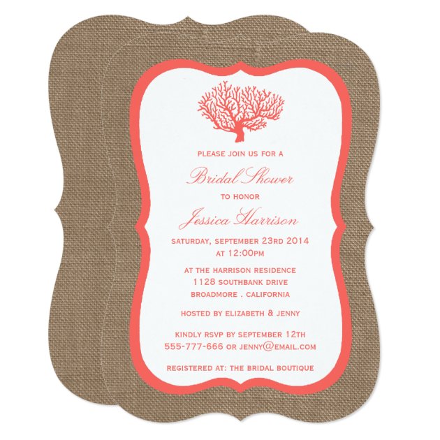 Cute Tropical Coral Beach Burlap Bridal Shower Invitation