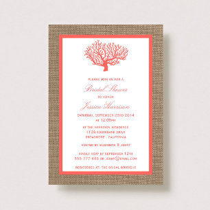 Cute Tropical Coral Beach Burlap Bridal Shower Invitation