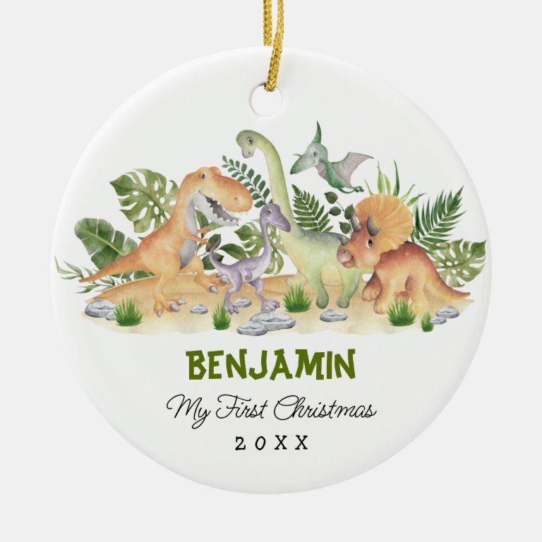 Cute Tropical Dinosaurs Baby First 1st Christmas Ceramic Ornament
