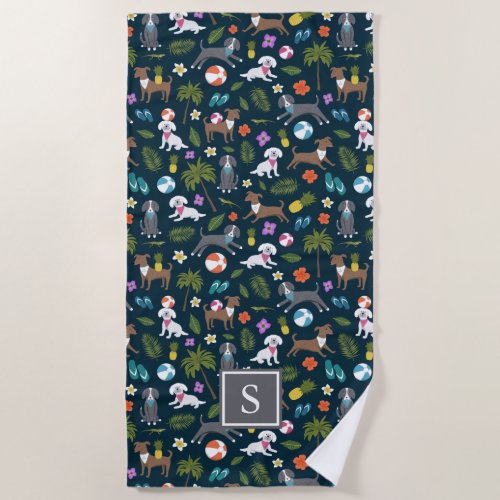 Cute Tropical Dog Pattern  Monogram  Navy Beach Towel