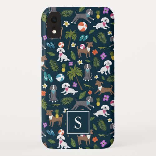 Cute Tropical Dog Pattern  Monogram  Navy iPhone XR Case