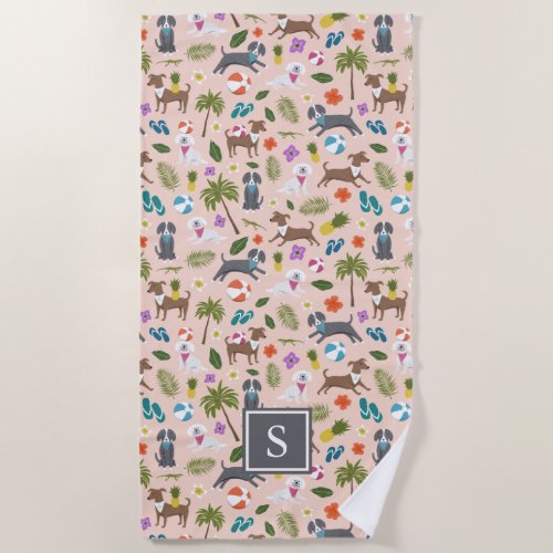 Cute Tropical Dog Pattern  Monogram  Peach Beach Towel