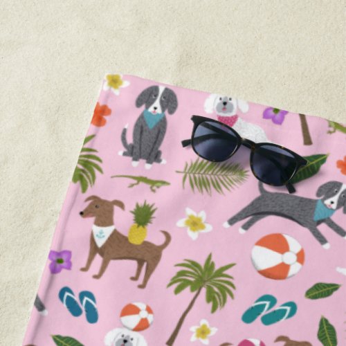 Cute Tropical Dog Pattern  Monogram  Pink Beach Towel