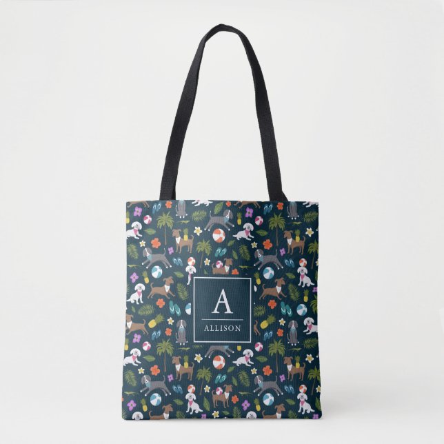 Cute Tropical Dogs Pattern | Personalized | Navy Tote Bag (Front)