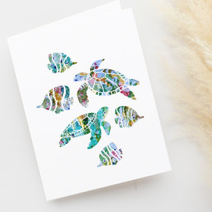 Cute Tropical Fish and Sea Turtles Blank Letterpress Thank You Card