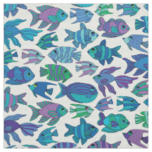 Cute Tropical Fish Blue Purple on White Pattern Fabric