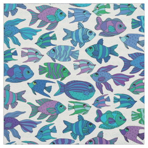 Cute Tropical Fish Blue Purple on White Pattern Fabric