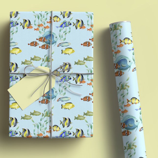 Cute Tropical Fish Cartoons, Blue Watercolor Wrapping Paper Sheets (Creator Uploaded)