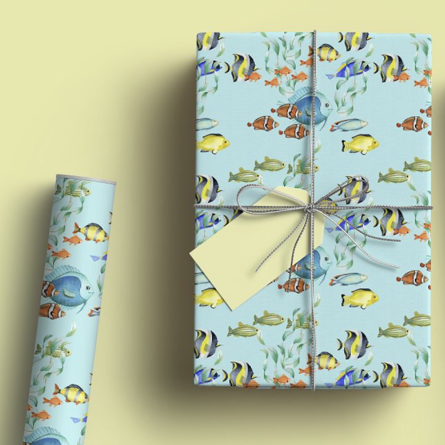 Cute Tropical Fish Cartoons, Blue Watercolor Wrapping Paper Sheets (Creator Uploaded)