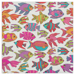 Cute Tropical Fish Pink Turquoise on White Pattern Fabric