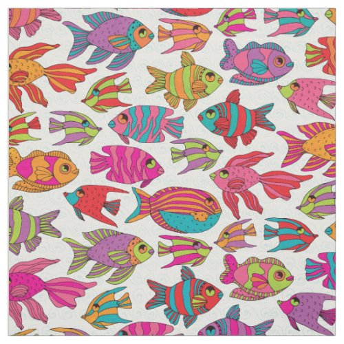 Cute Tropical Fish Pink Turquoise on White Pattern Fabric