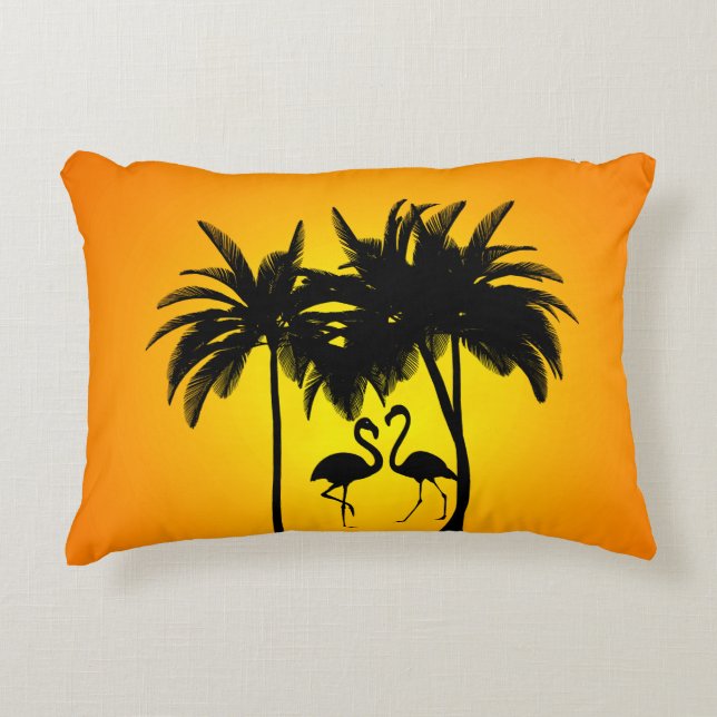 Cute Tropical Flamingo And Palm Trees Scenic Sunse Accent Pillow (Front)
