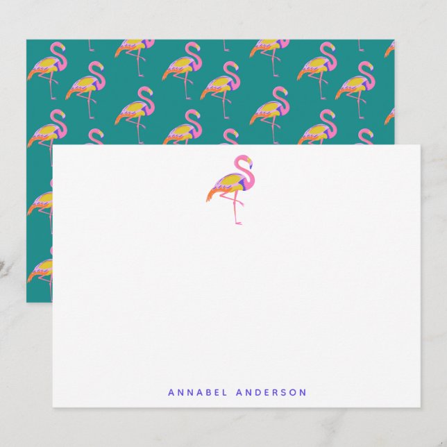 Cute Tropical Flamingo Green Purple Personalized Thank You Card (Front/Back)