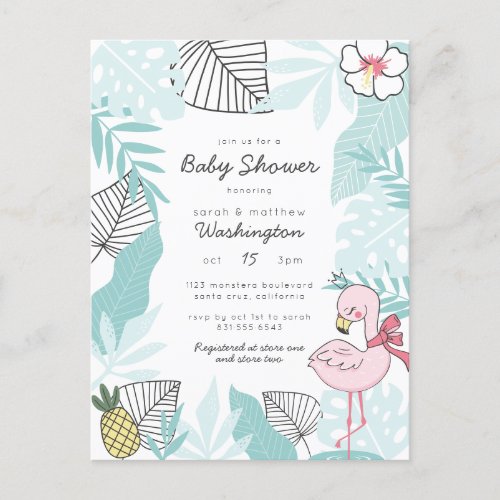 Cute Tropical Flamingo  Pineapple Baby Shower Invitation Postcard