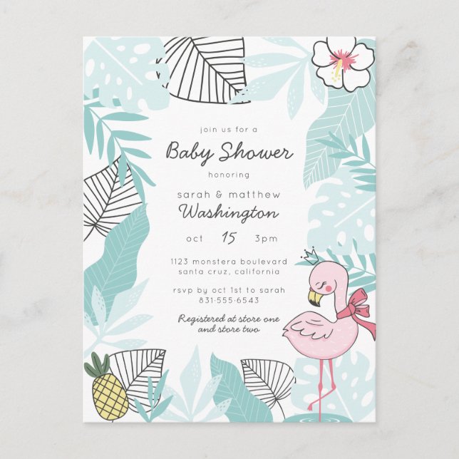 Cute Tropical Flamingo & Pineapple Baby Shower Invitation Postcard (Front)