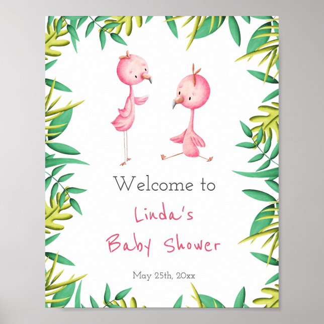 Cute Tropical Flamingo Twins Baby Shower Poster (Front)