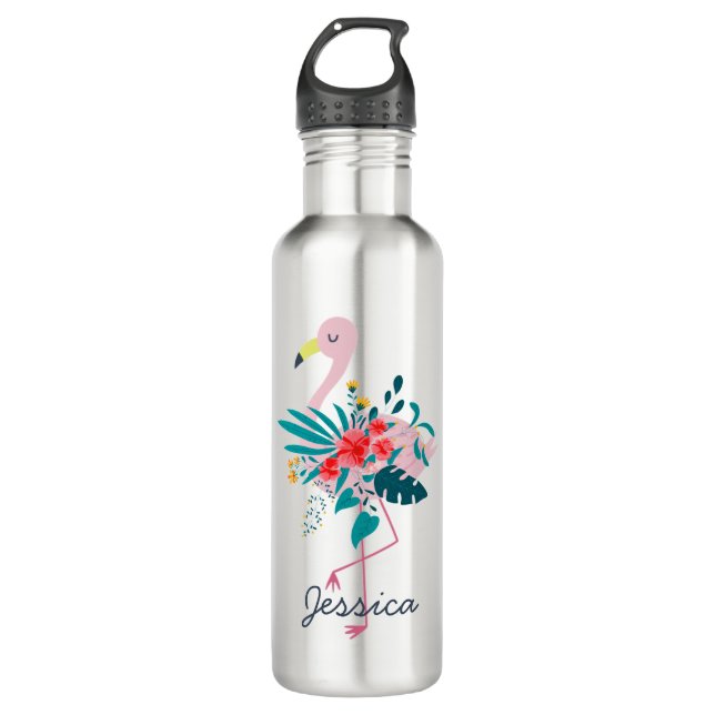 Cute Tropical Floral Flamingo Art Personalised  Stainless Steel Water Bottle (Front)