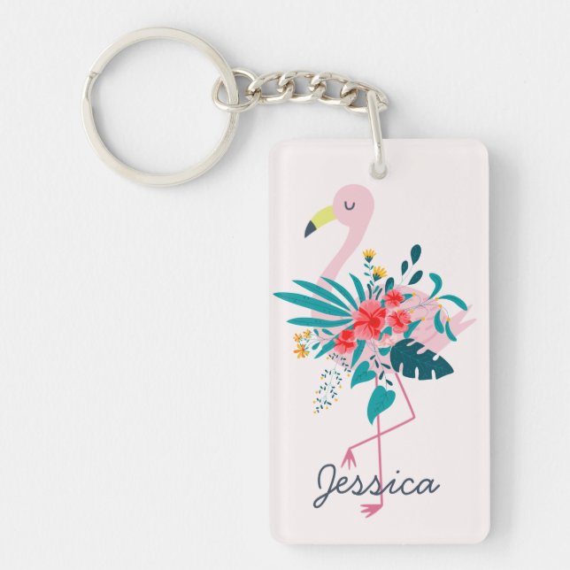 Cute Tropical Floral Flamingo Keychain (Front)