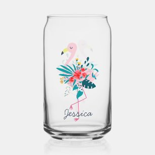 Cute Tropical Floral Flamingo Personalised Can Glass