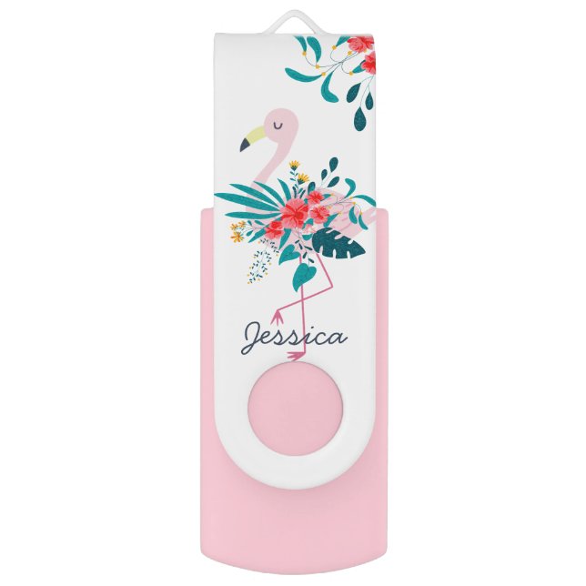 Cute Tropical Floral Flamingo Personalised Flash Drive (Front Vertical)