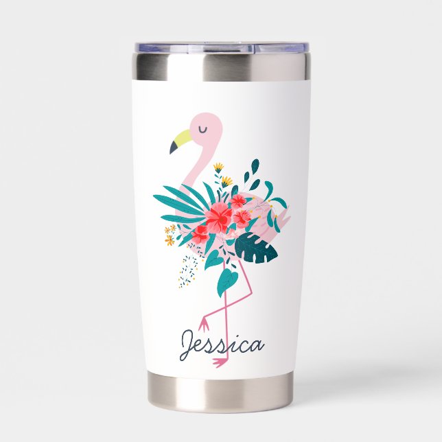Cute Tropical Floral Flamingo Personalised Insulated Tumbler (Front)
