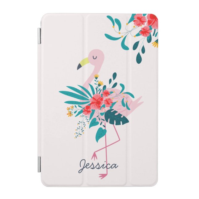 Cute Tropical Floral Flamingo Personalised iPad Mini Cover (Front)