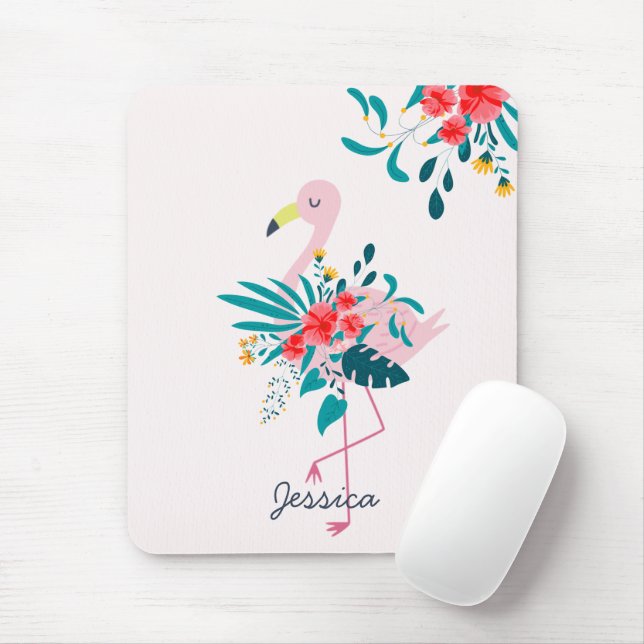 Cute Tropical Floral Flamingo Personalised Mouse Pad (With Mouse)