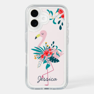 Cute Tropical Floral Flamingo Personalised iPhone 16 Case