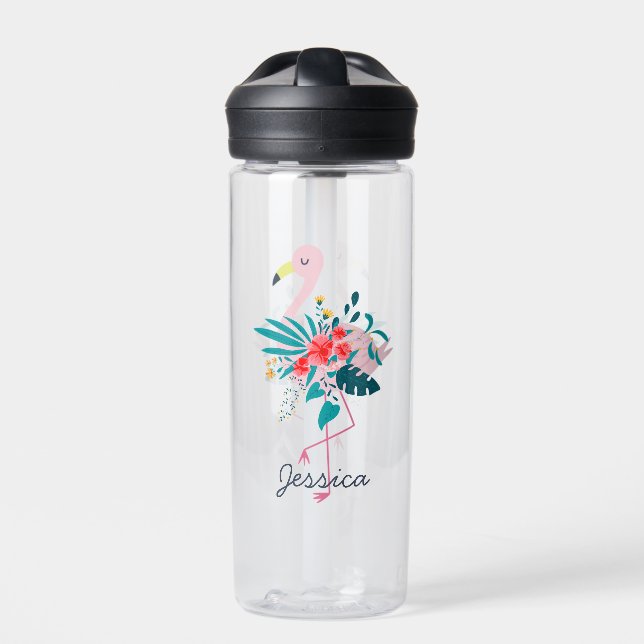Cute Tropical Floral Flamingo Personalised Water Bottle (Front)