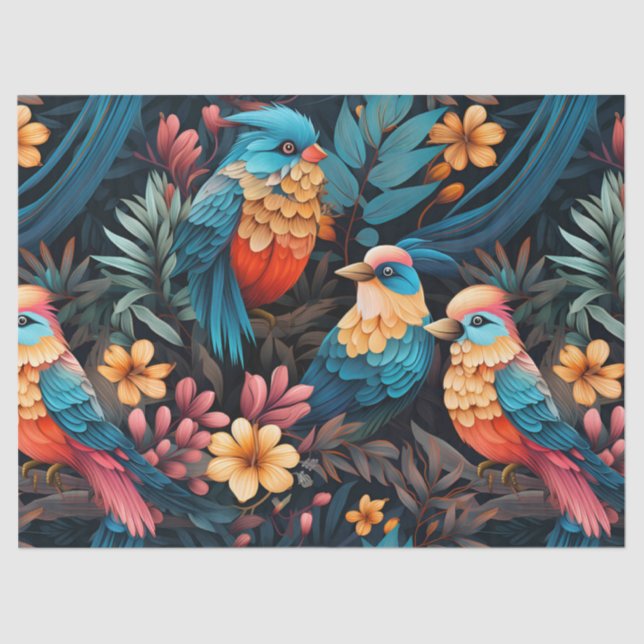 Cute Tropical Floral Jungle Birds Decoupage  Tissue Paper (Front)