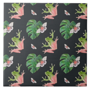 Cute Tropical Frog and Butterfly Pattern Ceramic Tile