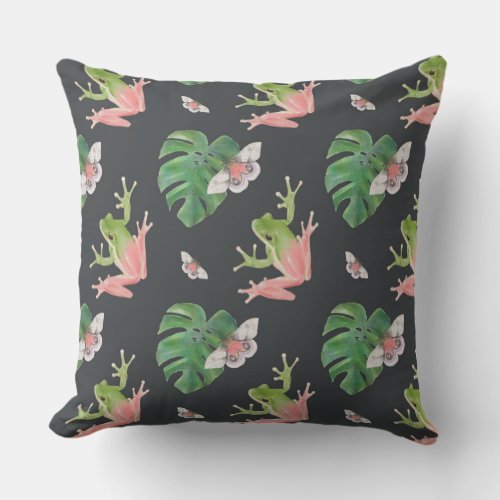 Cute Tropical Frog and Butterfly Pattern Outdoor Pillow