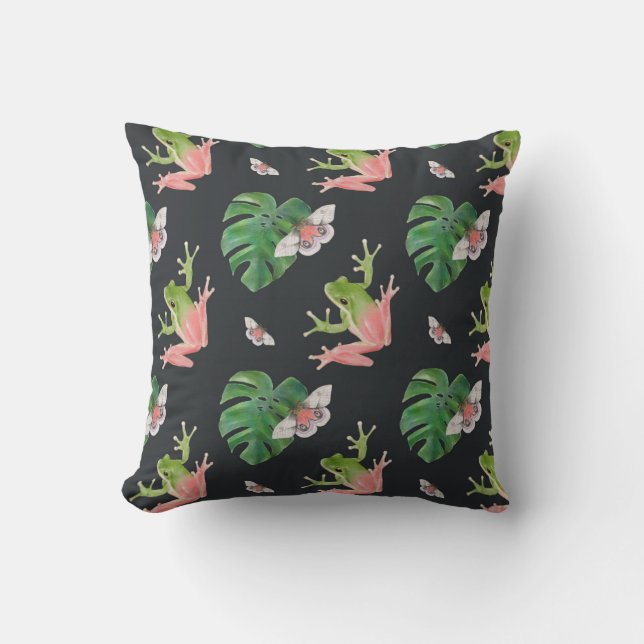 Cute Tropical Frog and Butterfly Pattern Throw Pillow (Front)