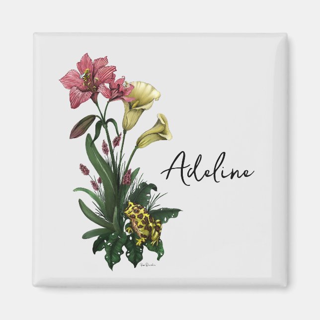 Cute Tropical Frog and Lily Botanical Floral Art Magnet (Front)