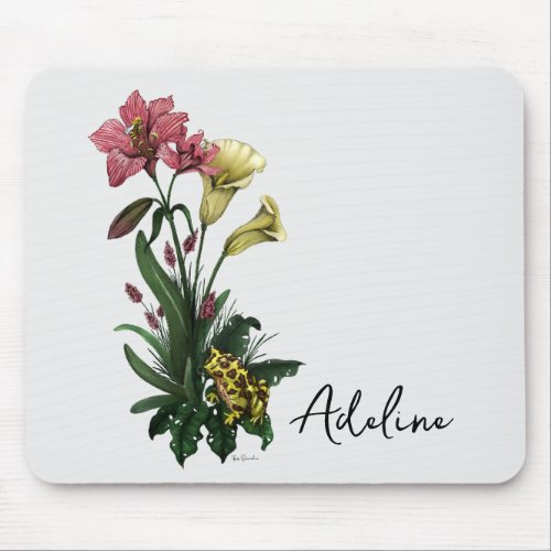 Cute Tropical Frog and Lily Botanical Floral Art Mouse Pad
