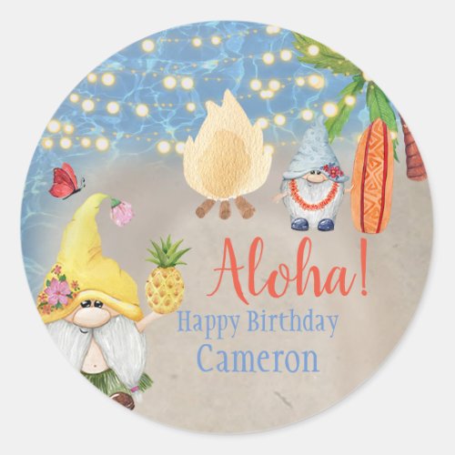 Cute Tropical Gnomes on the Beach Luau Party Classic Round Sticker