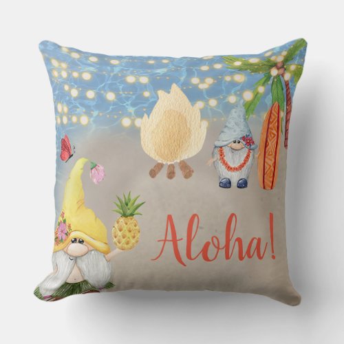 Cute Tropical Gnomes on the Beach Luau Party Throw Pillow